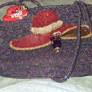 Vintage Asly Beaded Red Hat Society Bag & Brooch/Pendant plus add brooch